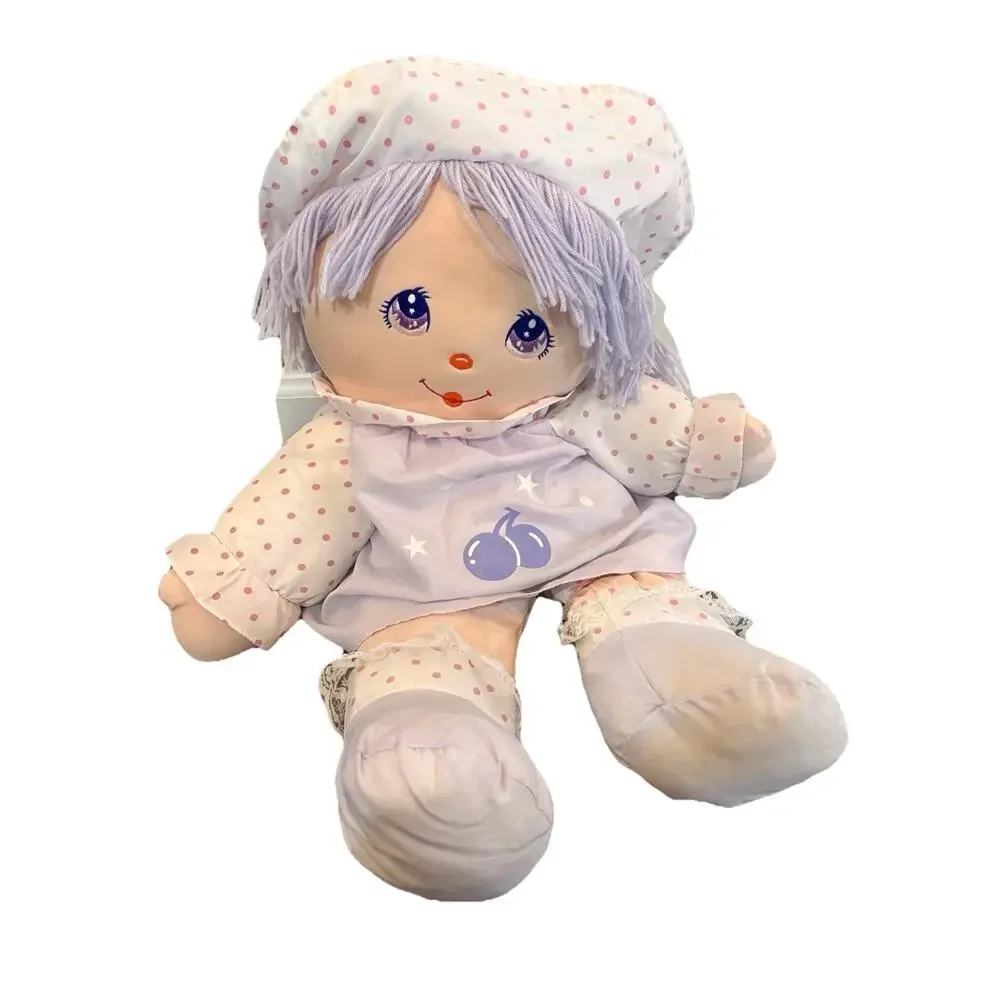 Vintage Dolly Mine Cloth Doll Purple Dress Eyes Cherries Pink Dots 22
